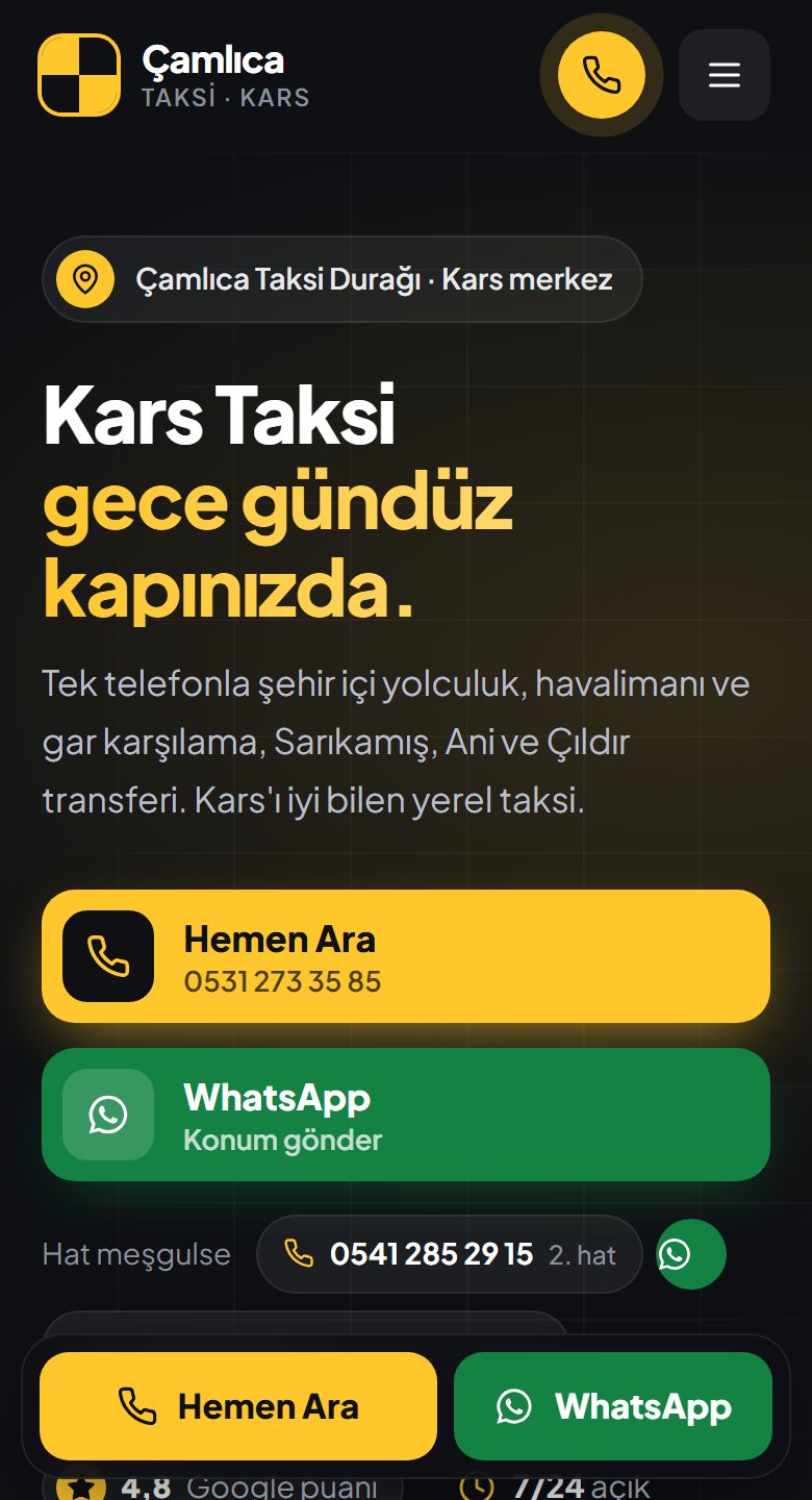Çamlıca Taksi Kars web sitesinin telefon görünümü