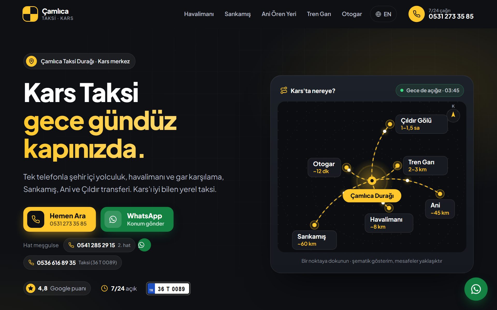 Çamlıca Taksi Kars web sitesinin masaüstü görünümü
